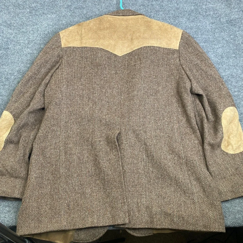 Pendleton Mens 50 Tall Western Blazer Brown Herringbone Wool Suede Yoke Patch